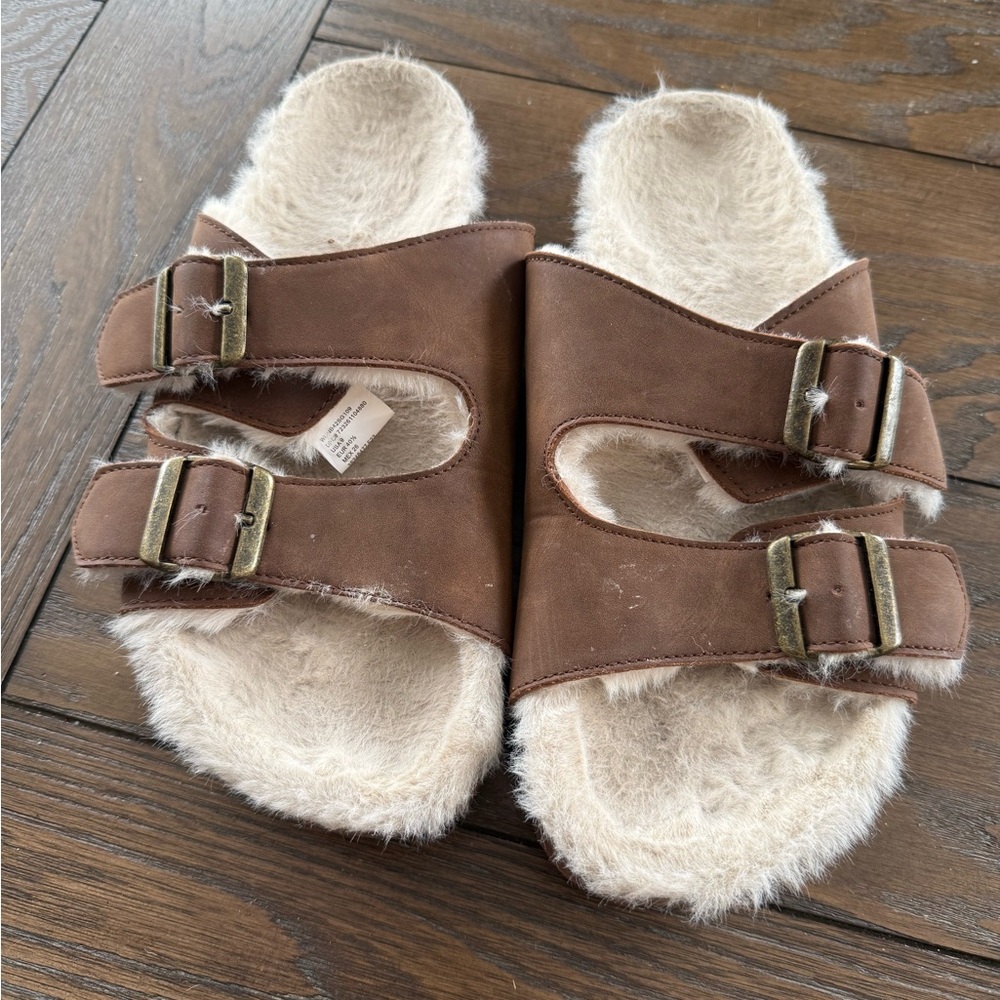 Brown Fuzzy Buckle Sandals